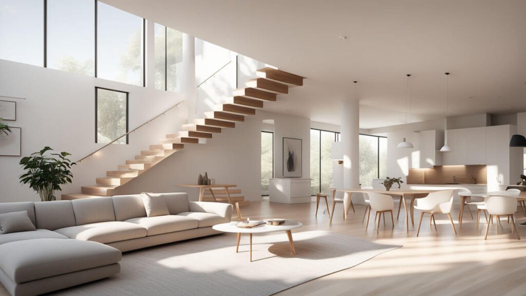 minimalist living room featuring a modern floating staircase illuminated by natural light from wind c